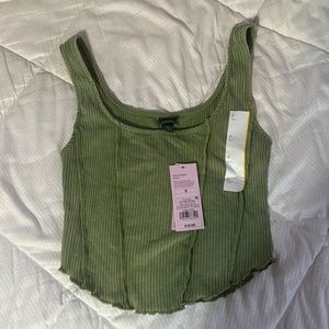 This is a green, ribbed tank top with a casual corset style.